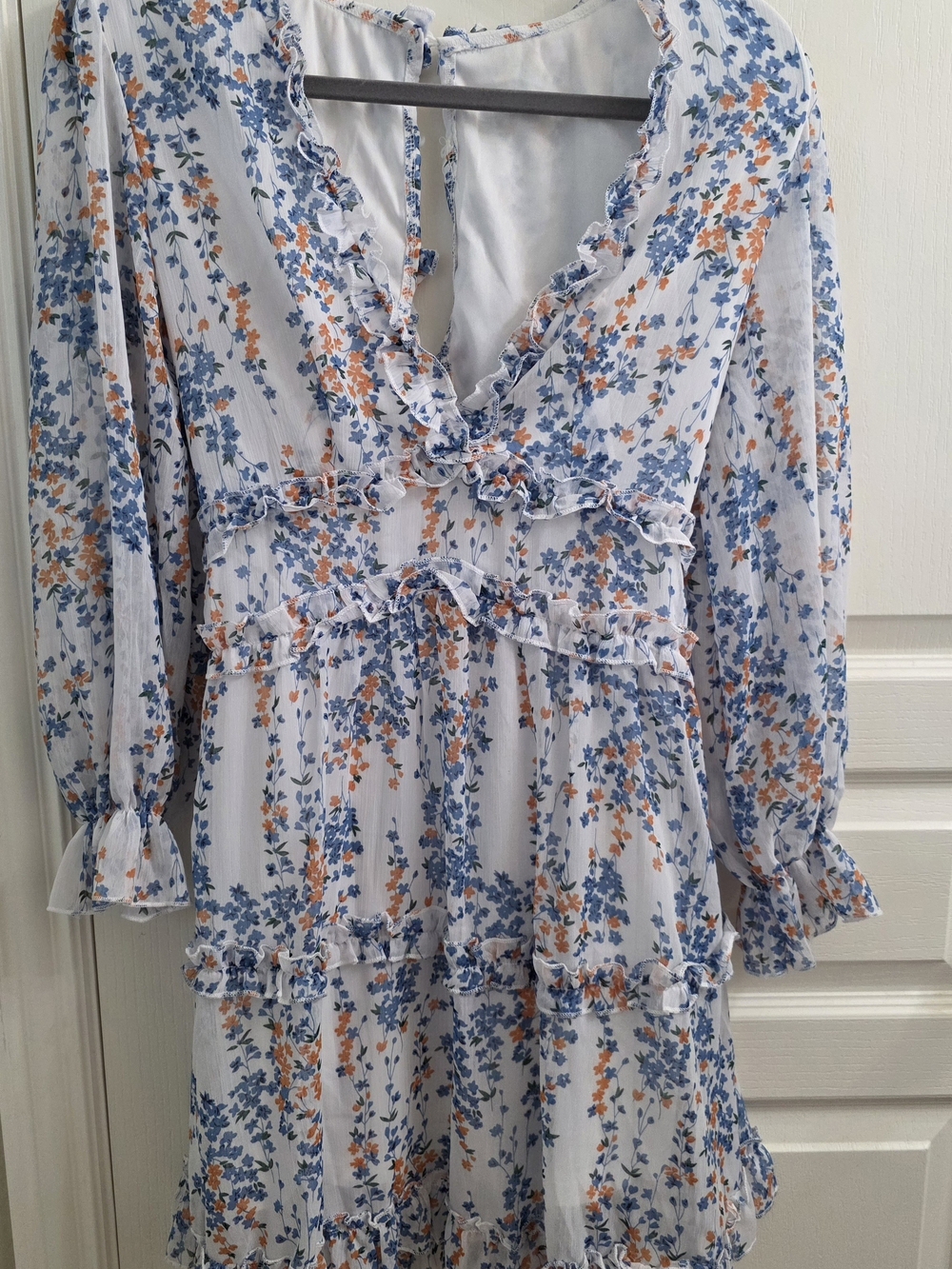 Floral Ruffle Mini Dress in White with Blue & Orange Print